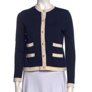 Tory Burch "Ahoy" Nautical Navy Wool Cropped Cardigan w/ Pearl Button Accents